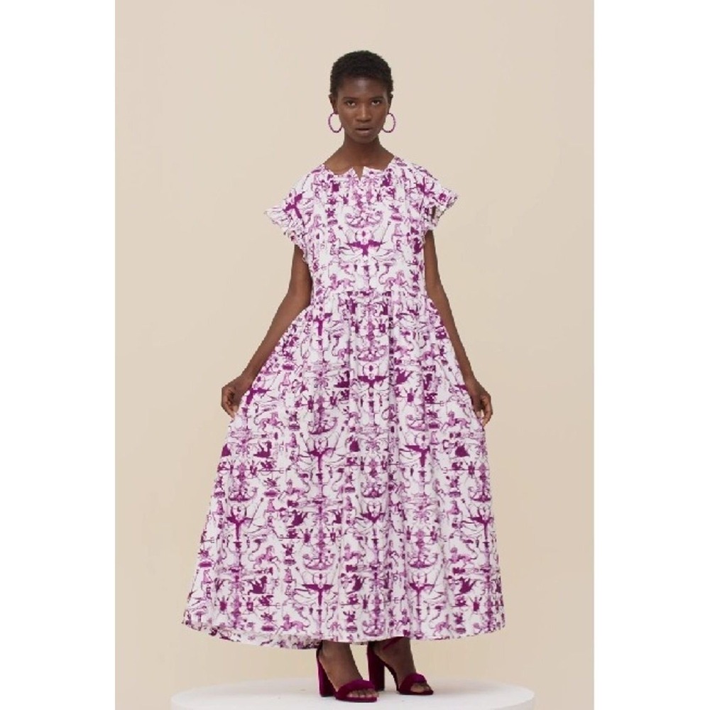Patou White Purple Toile Flutter Sleeve Maxi Dress Size 36 or US Size 2 - Picture 5 of 14